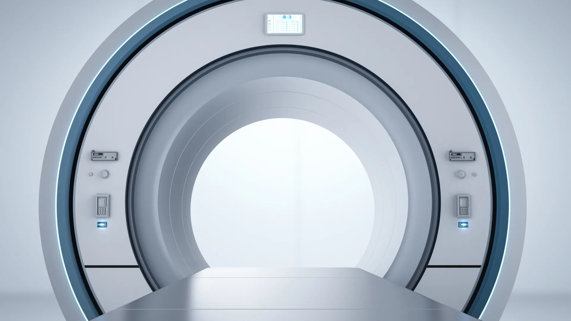 Futuristic MRI machine with a circular opening and sleek design in a clinical setting.