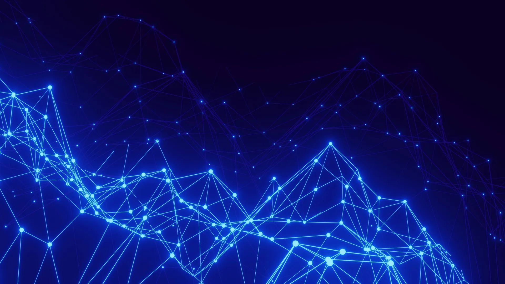 Blue glowing connected dots and lines forming a digital network pattern on a dark background.