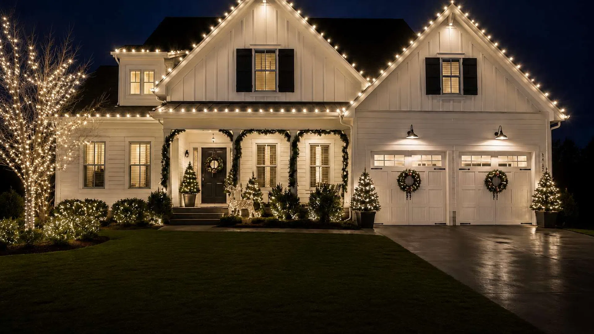 White house decorated with warm white Christmas lights and wreaths on the porch and garage at night.