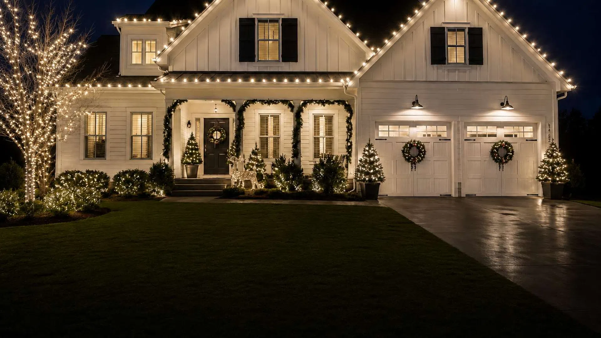White house decorated with warm white Christmas lights on rooflines, trees, and shrubs during nighttime.