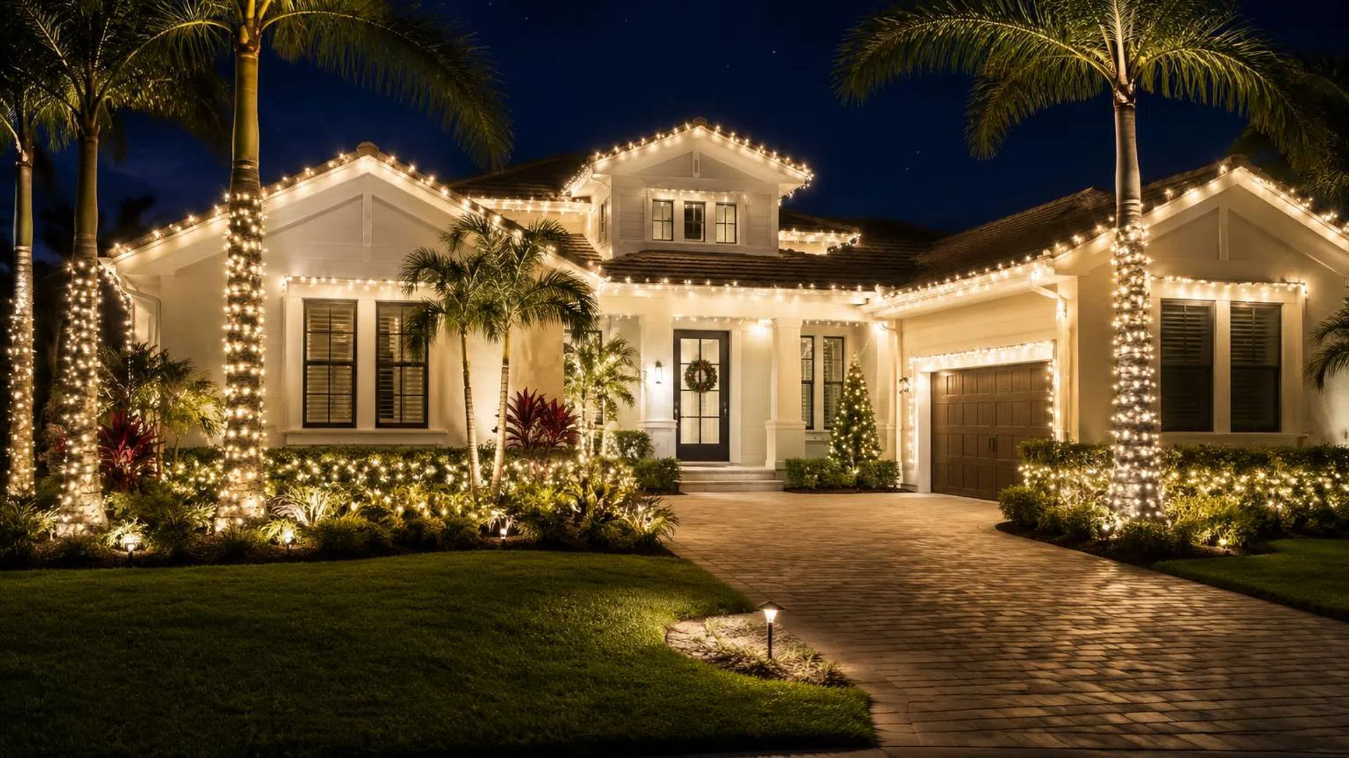 Beautiful house at night decorated with white Christmas lights on roof, palm trees, and garden for holiday season.
