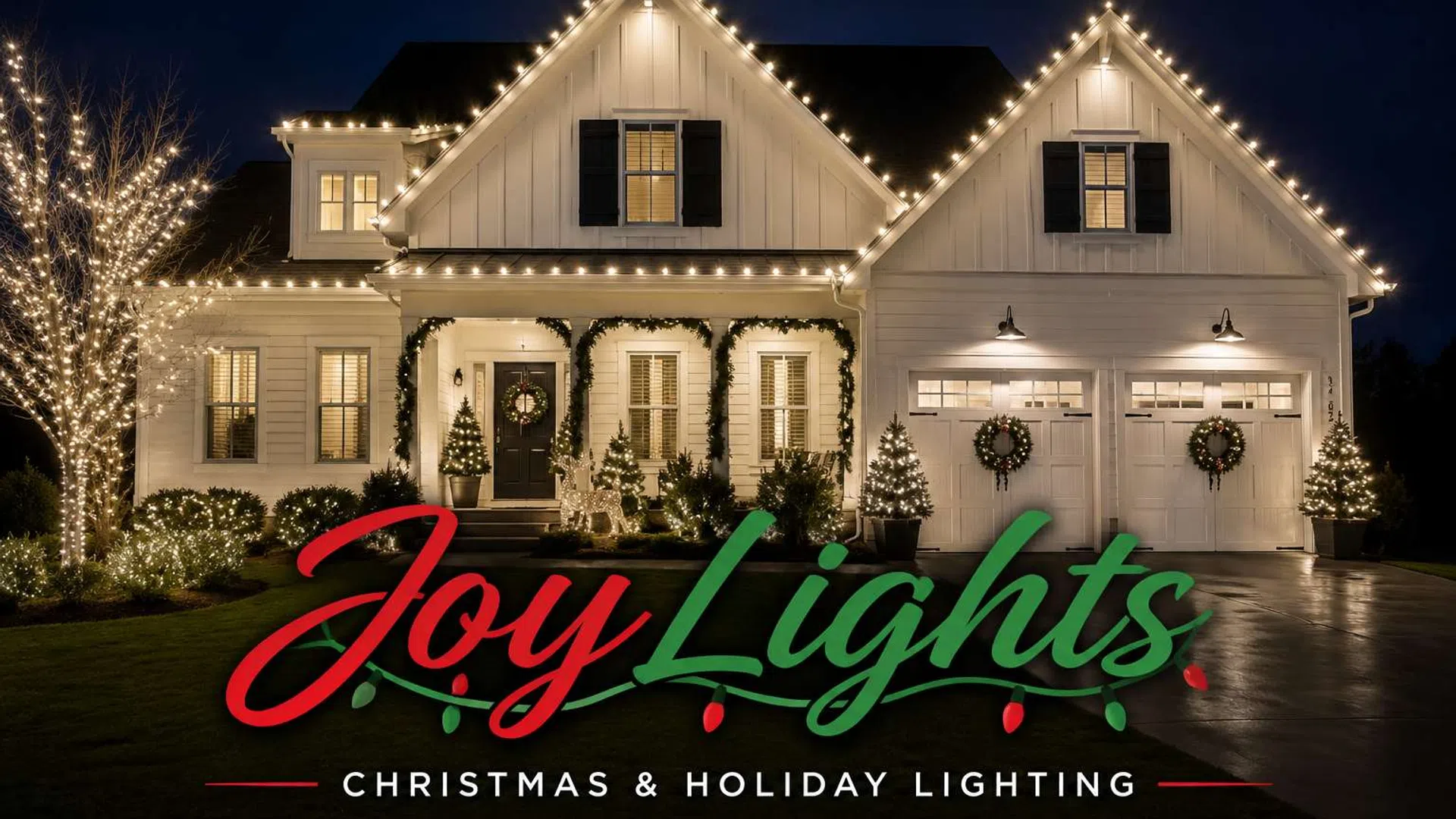 Beautiful house decorated with Christmas lights and wreaths glowing warmly at night during the holiday season.