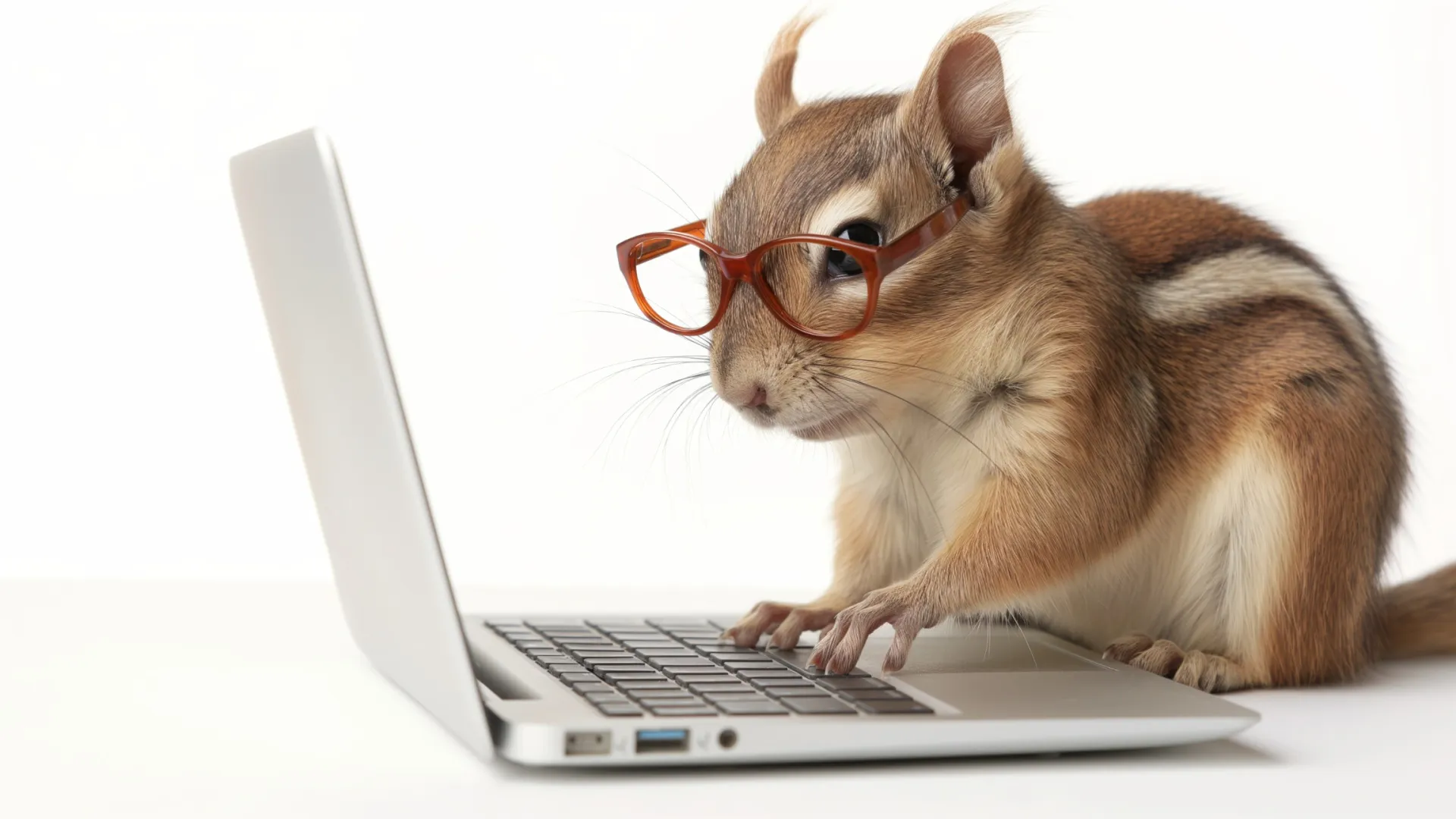 a cat wearing glasses and using a laptop