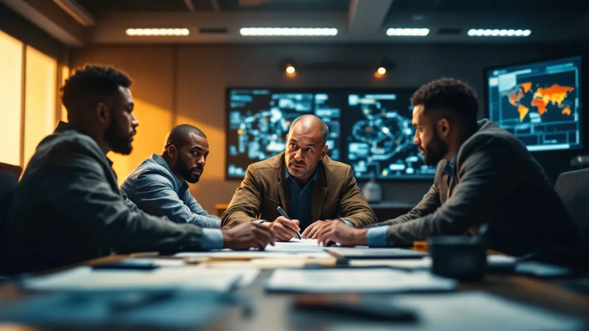 Four professionals engaged in a strategic meeting with digital maps and data screens in the background.