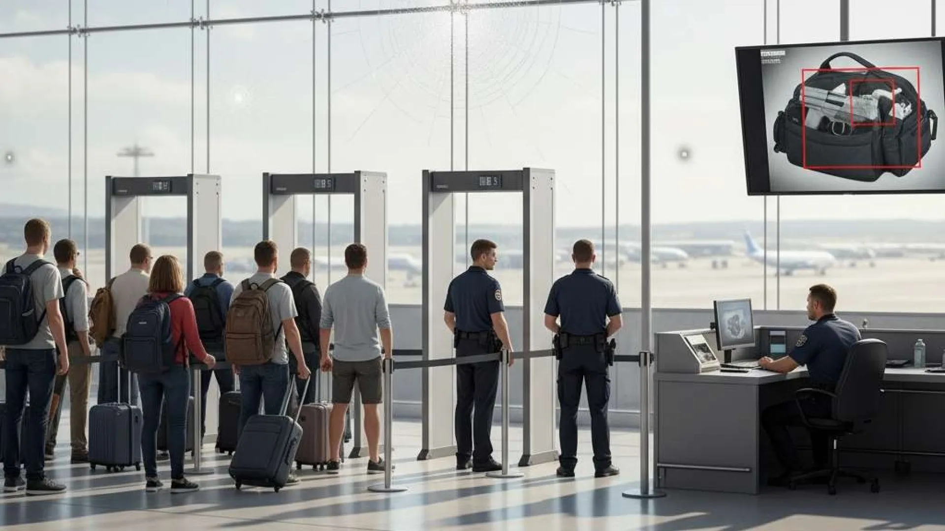 Passengers wait in line for security screening at an airport with officers monitoring bag scans on screens.