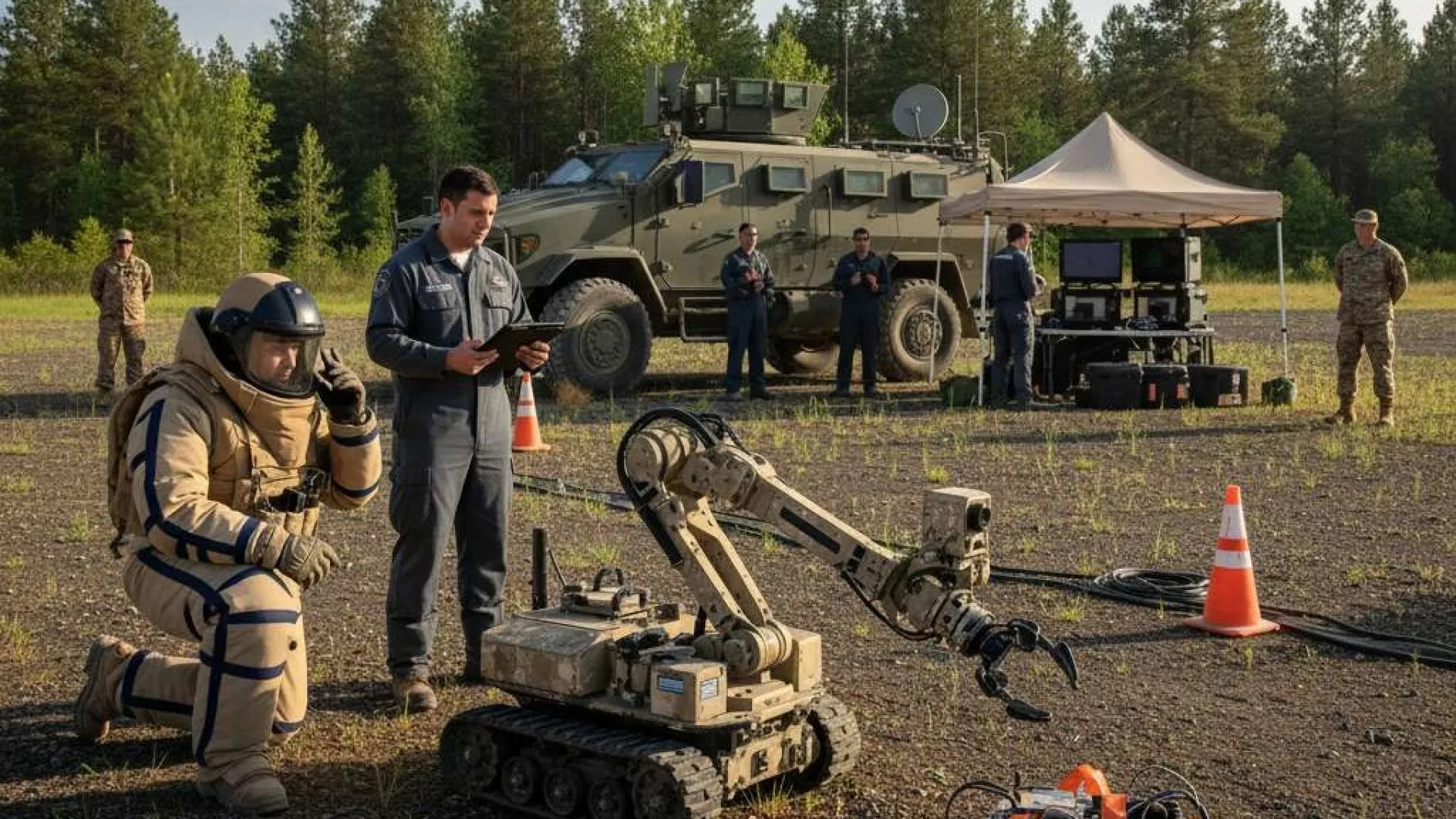 Military personnel operate bomb disposal robot and armored vehicle during outdoor training exercise in forested area.
