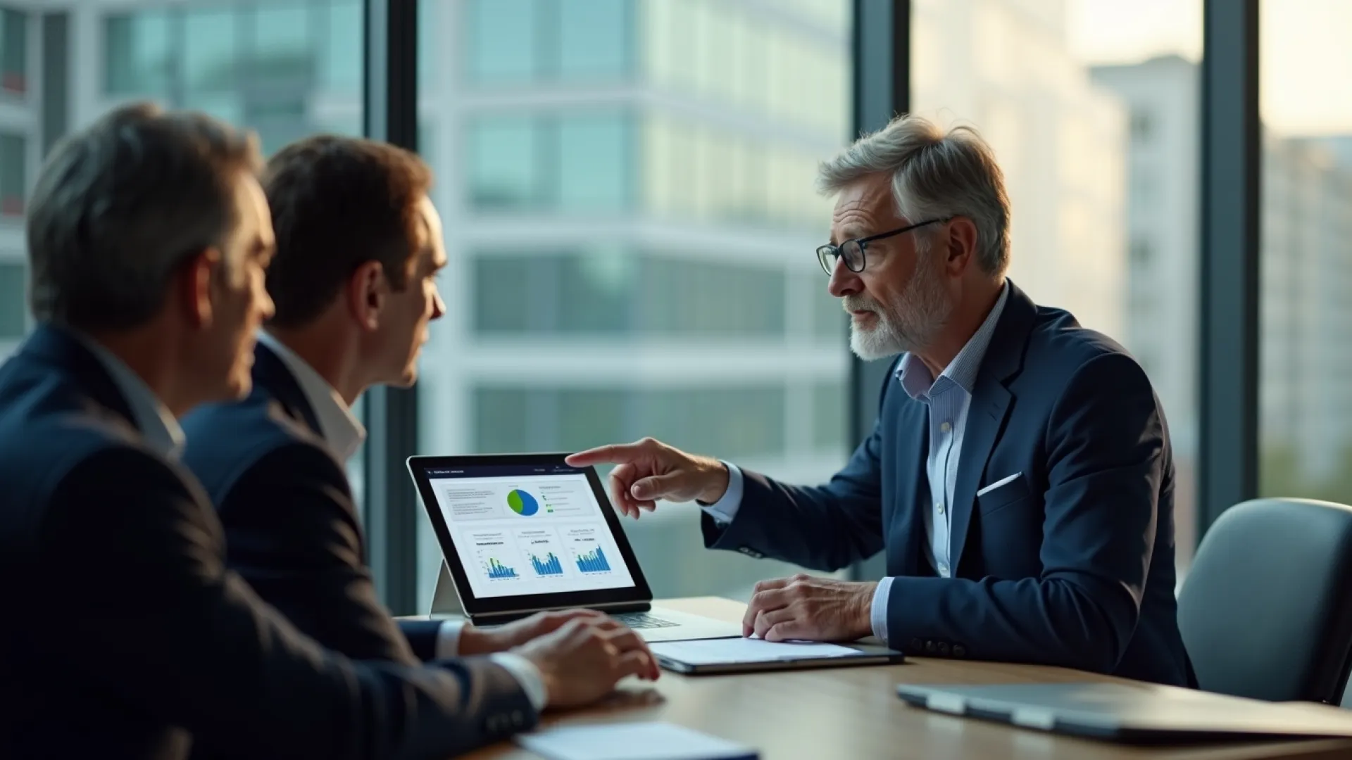 Business professionals discussing data charts and graphs on a laptop in a modern office meeting room.