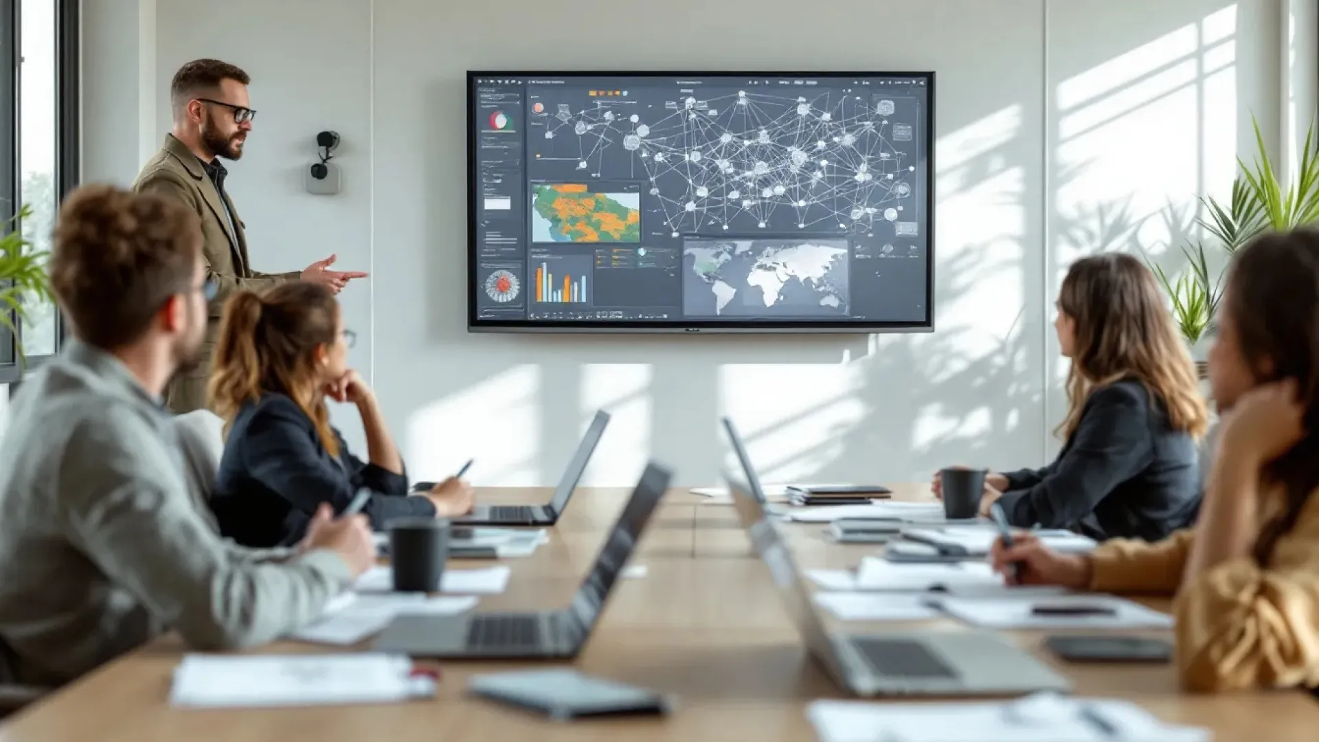 Business team in meeting room analyzing global data network on large screen with laptops and notes.
