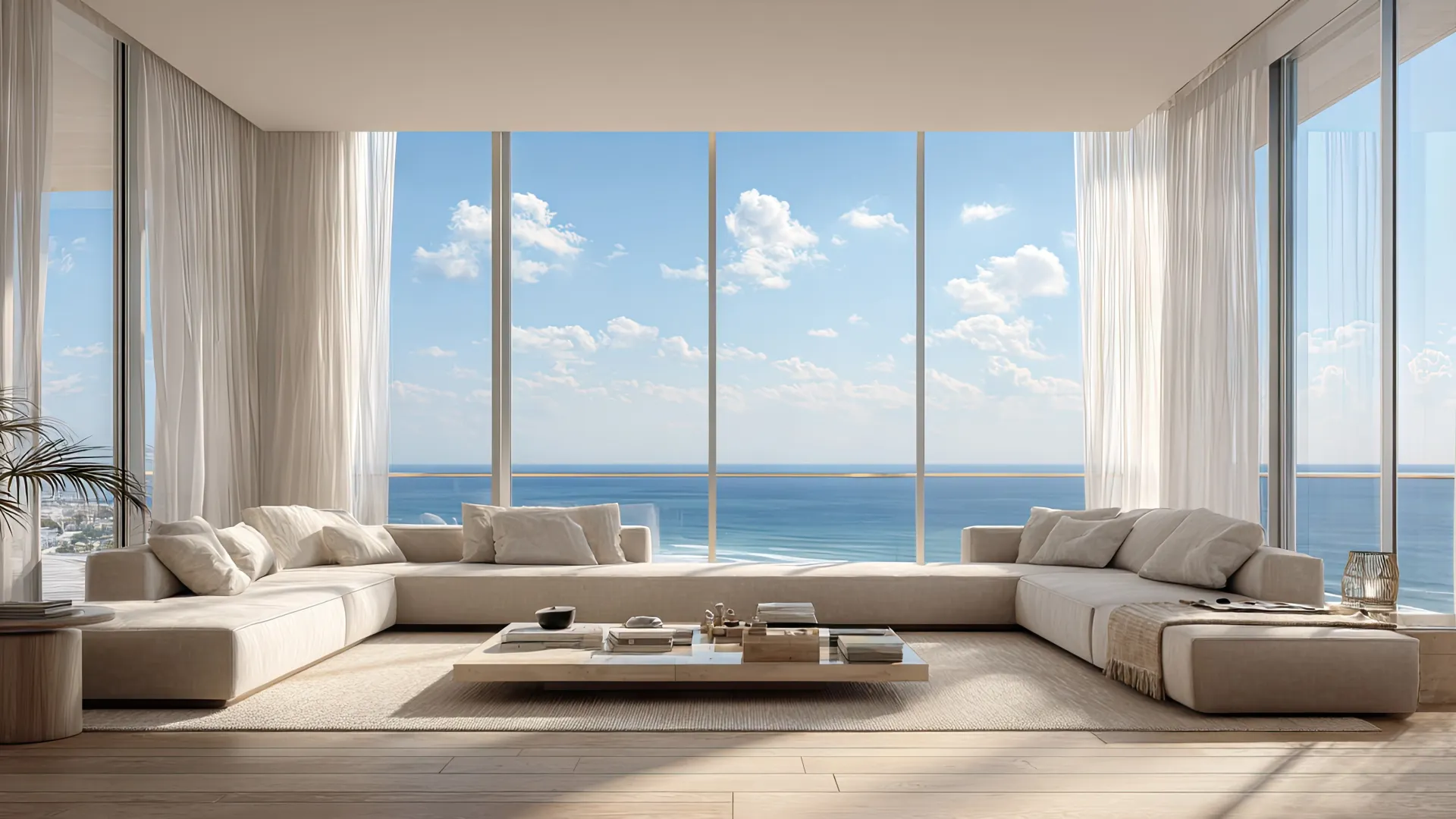 Spacious modern living room with large beige sofa, coffee table, and floor-to-ceiling windows overlooking ocean view.