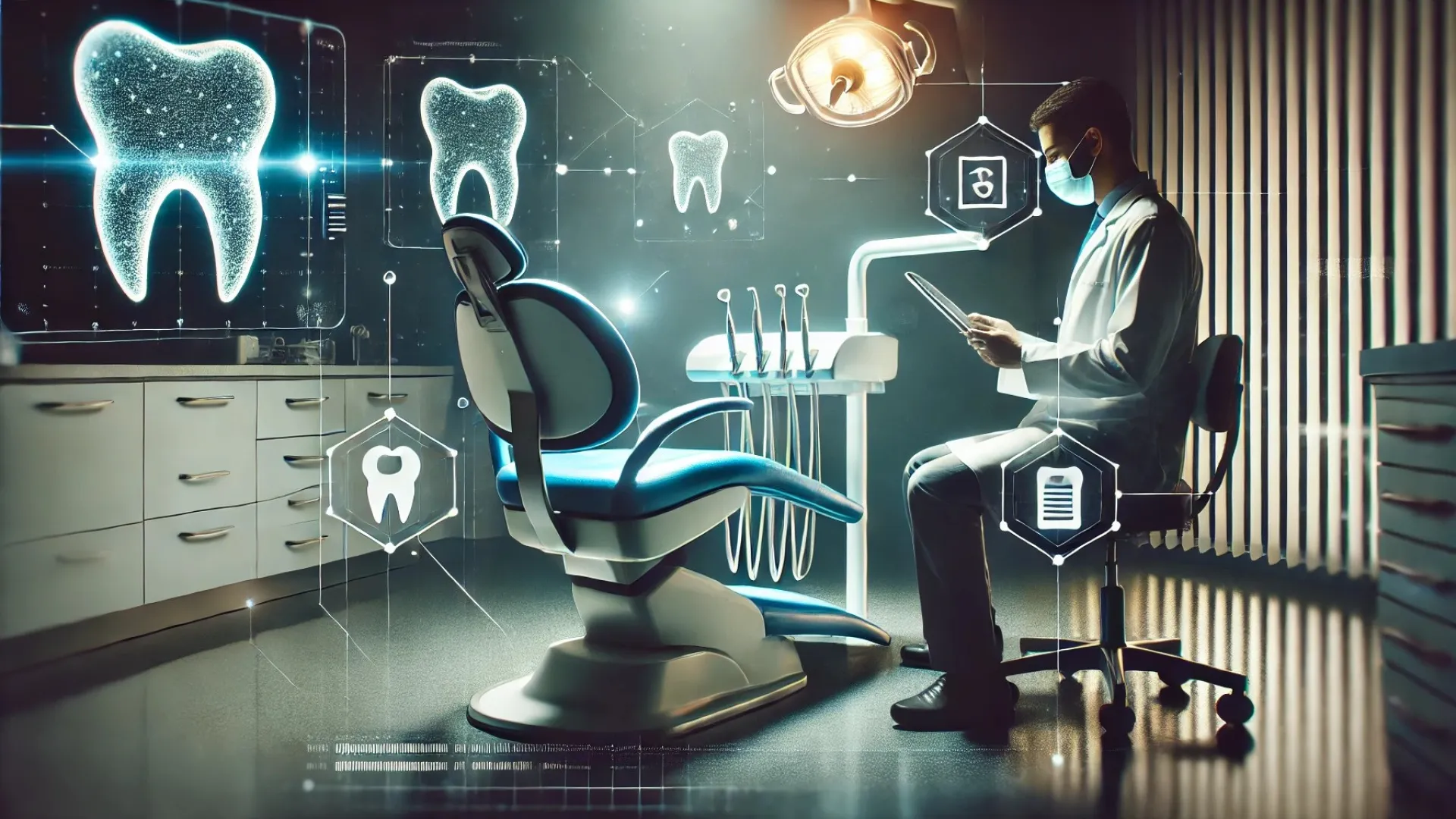 Dentist in mask reviews patient data in modern dental clinic with holographic tooth images and equipment.