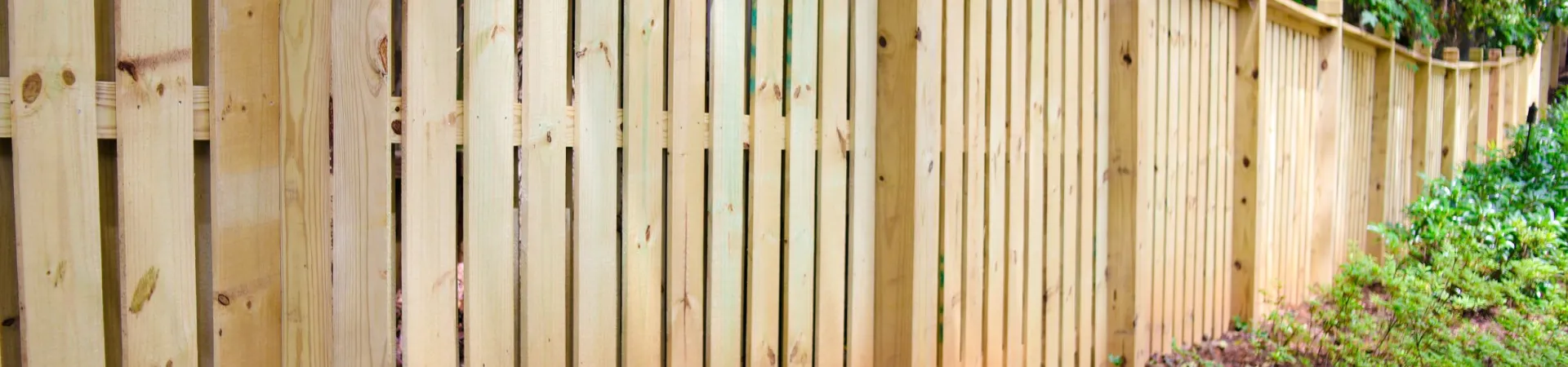 Long wooden fence with vertical planks alongside green shrubs and tall trees in a garden setting