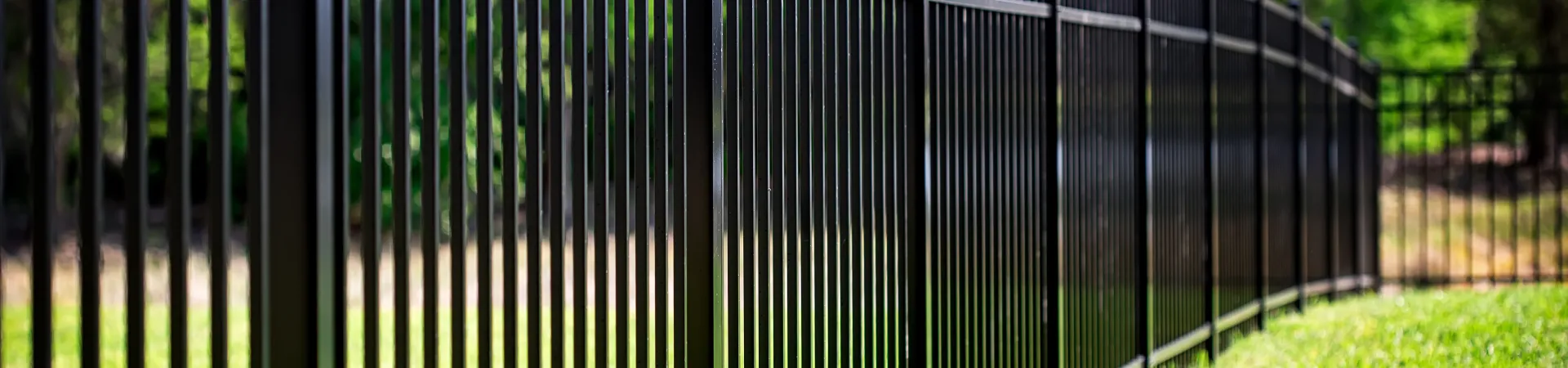 Black iron fence running along a green lawn in a sunny outdoor setting.