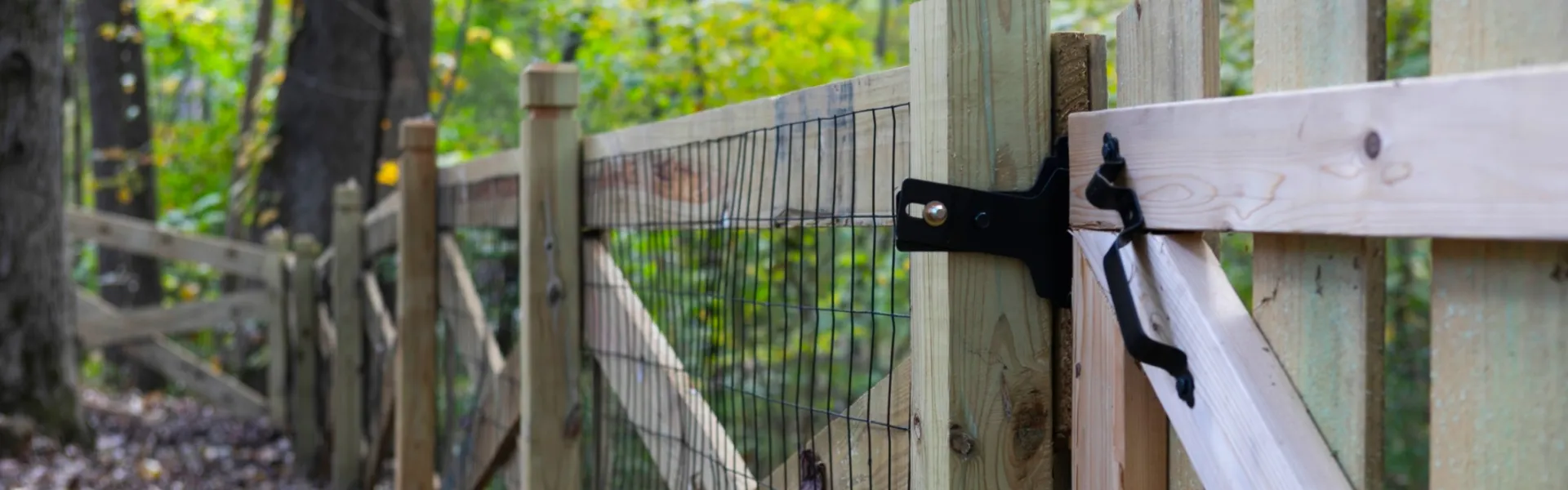 Close-up of a wooden fence with wire mesh in a serene forest setting, showcasing nature and craftsmanship.