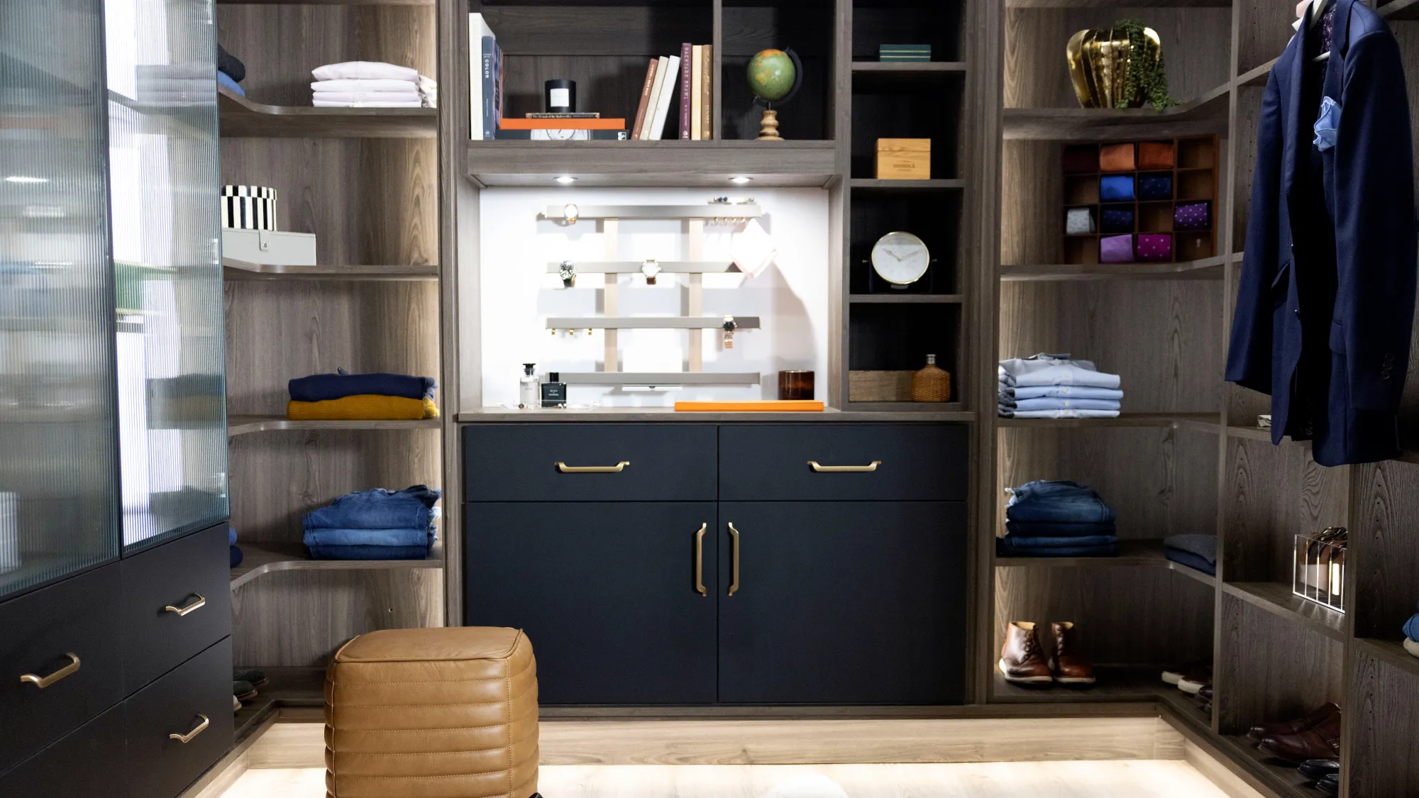 a closet with a blue cabinet and shelves