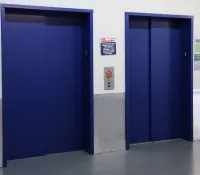 a row of blue lockers