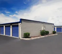 a building with blue doors