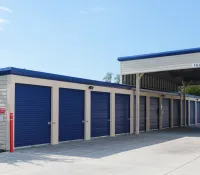 a building with blue doors