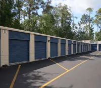 a row of blue garages