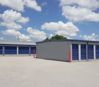 a group of blue and white buildings