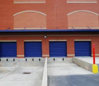 a building with blue doors