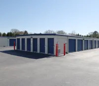 a row of blue and white containers