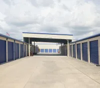 a row of blue lockers