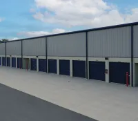 Row of closed blue storage unit doors on a concrete drive at a self-storage facility under a cloudy sky.
