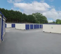 a group of blue and white containers