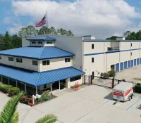 a building with a flag on top