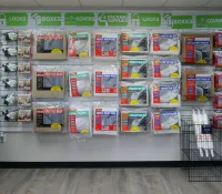 a shelf with boxes of food