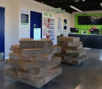 a room with a large display of wood blocks