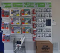 a shelf with boxes and products on it