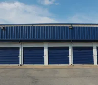 a building with blue doors