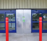 a building with blue doors