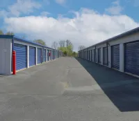 a row of white and blue containers