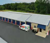 a truck parked outside a building