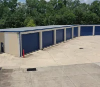 a building with blue doors