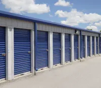 a row of blue doors