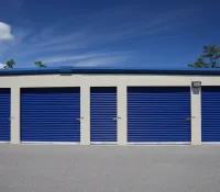 a building with blue doors