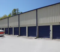 a building with blue doors