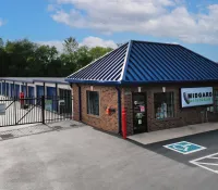 a building with a blue roof