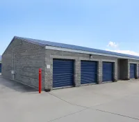 a building with blue doors