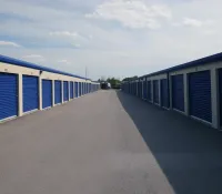 a row of blue and white buildings