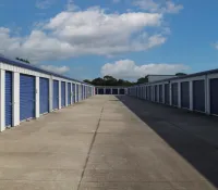 a row of white and blue lockers