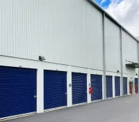 a building with blue doors