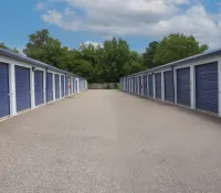 a row of white and blue buildings