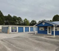 a row of blue buildings