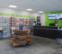 a store with shelves and a table