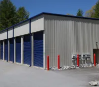 a building with blue doors