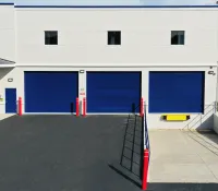 a building with blue doors